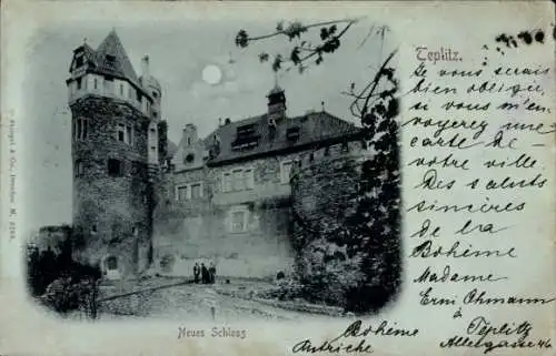 Ak Teplice Teplitz Region Aussig, Neues Schloss,  Architektur, unklares Wetter, Kutsche, Menschen