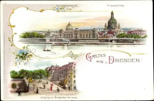 Litho Dresden Altstadt, Frauenkirche, Kunstakademie, Brühlsche Terrasse