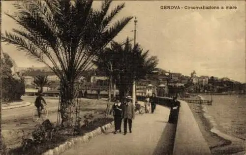 Ak Genova Genua Liguria, Pflanzen und Promenade, Personen, Radfahrer, Küstenlinie