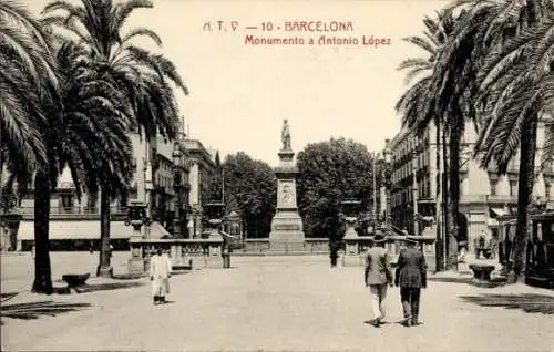 Ak Barcelona Katalonien Spanien, Monumento a Antonio López, Palmen, Stadtansicht, Schwarz-Weiß-Fo