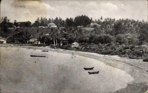 Ak Sabang Indonesien, Panorama von  Strandansicht, Boote, grüne Landschaft