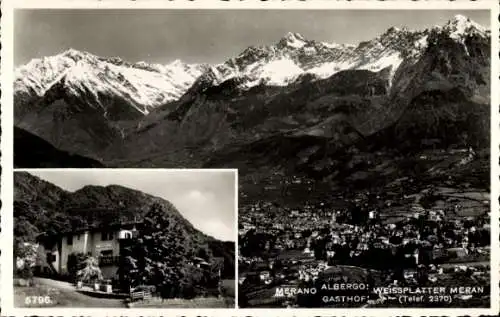 Ak Meran Merano Südtirol, Schneebedeckte Berge, Stadtansicht, Gasthof Weissplatter, Fotografie
