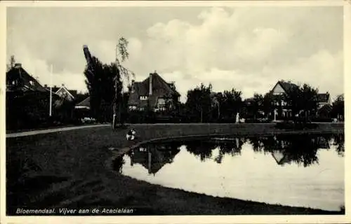 Ak Bloemendaal Nordholland Niederlande, Vijver, Häuser, Wolken, Natur, Menschen