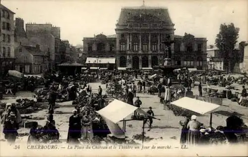 Ak Cherbourg Octeville Manche, La Place du Chateau und das Theater, Marktplatz