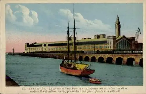 Ak Cherbourg en Cotentin Manche, Neue Hafenanlage, gewaltiges Gebäude, Hafenansicht, Segelschiff