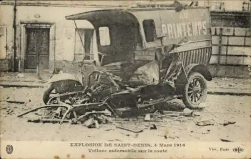 Ak Saint Denis Seine Saint Denis, Explosion 1916, Voiture automobile sur la route