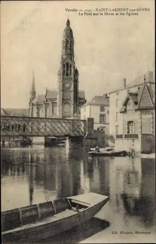 Ak Saint Laurent sur Sèvre Vendée, Le Pont sur la Sevre, Kirche