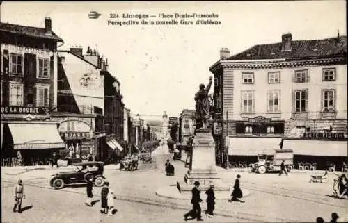 Ak Limoges Haute Vienne, Platz Denie-Dussoubs, neue Gare d'Orléans, Autos, Cafés