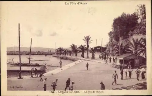 Ak Sanary sur Mer Var, La Côte d'Azur, Jeu de Boules, Hafenansicht, Palmen