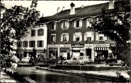 Ak Divonne les Bains Ain, Un joli coin, Geschäfte, Teich, Springbrunnen