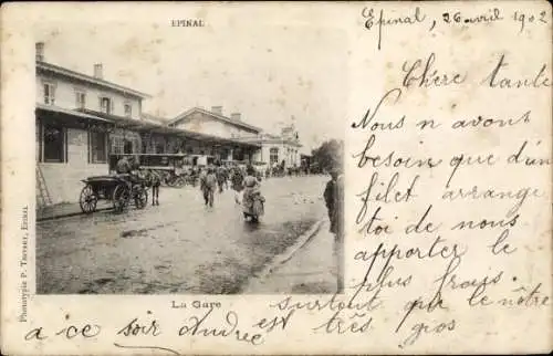 Ak Épinal Lothringen Vosges, Bahnhof, Menschen, Pferdewagen,  Architektur, 