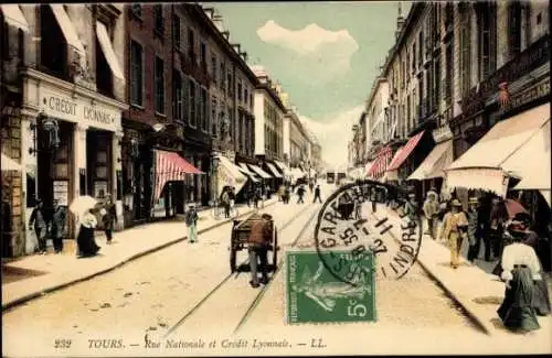 Ak Tours Indre et Loire, Bilder von der Rue Nationale, Kreditinstitut, Geschäfte, Straßenansicht