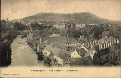 Ak Champagnole Jura, Blick auf  Fluss und Gebäude, Mont Trivel im Hintergrund