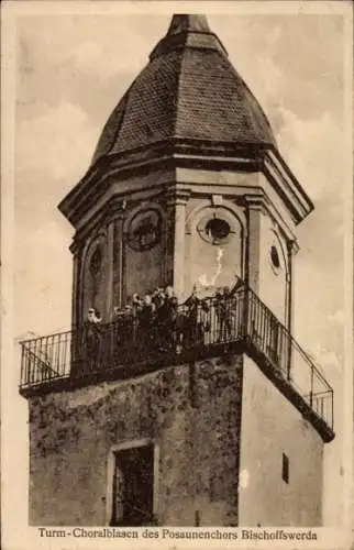 Ak Bischofswerda in Sachsen, Turm-Choralblasen des Posaunenchors