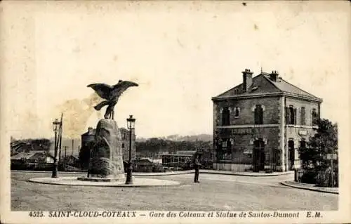 CPA Saint Cloud Coteaux Hauts de Seine, Gare des Coteaux et Statue de Santos Dumont