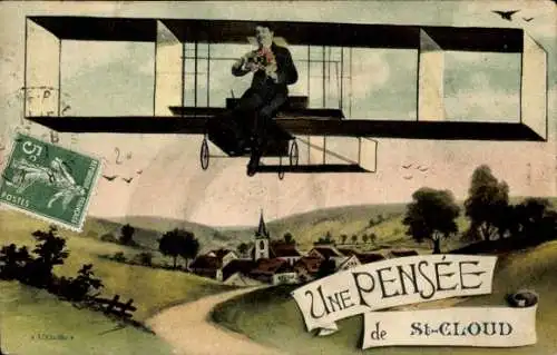 Ak Puteaux Hauts de Seine, Une Pensee, Flugzeug, Doppeldecker