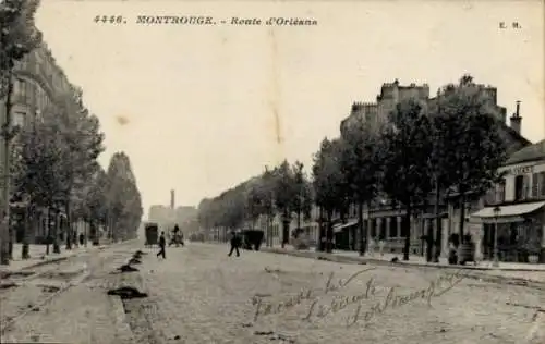 Ak Montrouge Hauts de Seine, Schwarze und weiße , Straße mit Bäumen, Wagen und Fußgängern