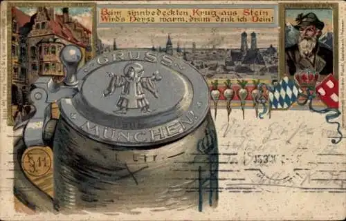 Präge Wappen Litho München, Panorama, Münchner Kindl, Bierkrug