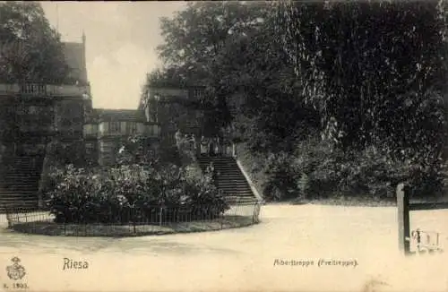 Ak Riesa an der Elbe Sachsen, Alte Treppe, Gartenanlage, Grünflächen, Treppenhaus