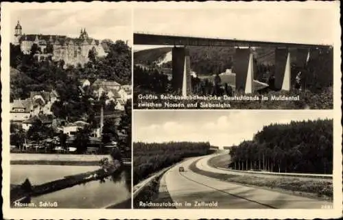Ak Nossen, Blick auf den Ort und das Schloss, Autobahnbrücke, Autobahn Zellwald