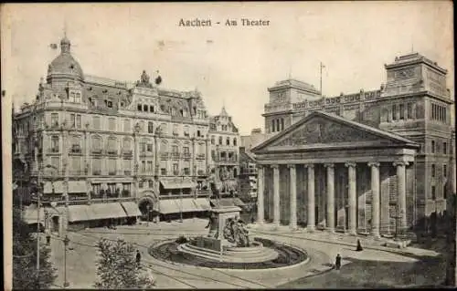 Ak Aachen in Nordrhein Westfalen, Historisches Theater, Gebäude mit Säulen, Brunnen, Stadtansicht
