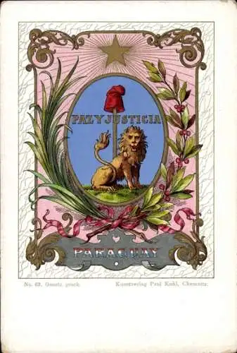 Wappen Litho Paraguay, Paz y Justicia, Friede und Gerechtigkeit, Löwe, Paul Kohl Chemnitz No. 63