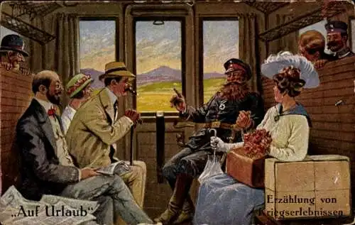 Künstler Ak Thiele, Arthur, Auf Urlaub, Erzählung von Kriegserlebnissen, Eisenbahnabteil