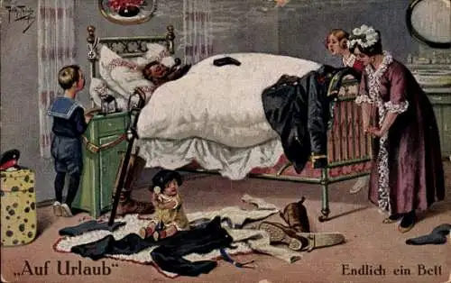 Künstler Ak Thiele, Arthur, Auf Urlaub, Endlich ein Bett, Soldat, Familie