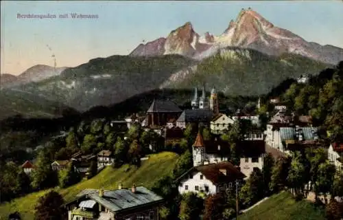 Ak Berchtesgaden Oberbayern, Gotzenalm, Berchtesgaden mit Watmann, Berge, Stadtansicht, koloriert