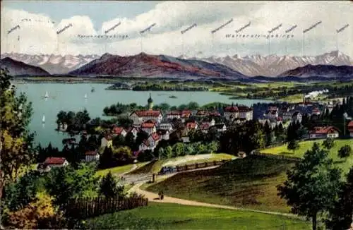 Ak Tutzing im Kreis Starnberg Oberbayern, Ortschaft mit Landschaftsblick, Karwendelgebirge, Jochberg