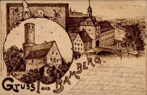 Litho  Bamberg in Oberfranken, Teilansichten, Holzbrand Imitation