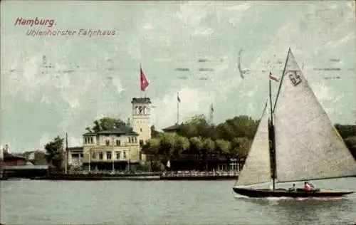 Ak Hamburg Nord Uhlenhorst, Uhlenhorster Fährhaus, Segelboot, See