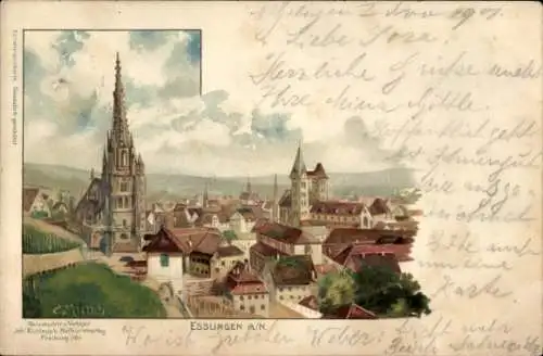 Litho Esslingen am Neckar, Stadtansicht