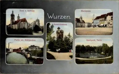 Ak Wurzen in Sachsen, Dom, Schloss, Marktplatz, Aussichtsturm, Stadtpark, Teich, Mühlgraben