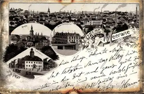 Litho Meerane in Sachsen, Gesamtansicht, Kirche, Brücke, Rathaus