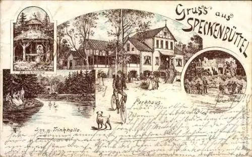 Litho Speckenbüttel Bremerhaven, Gastwirtschaft Parkhaus, See mit Trinkhalle, Ruine, Mooshütte