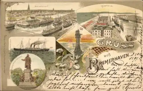 Litho Bremerhaven, Kaiserhafen, Rothesand Leuchtturm, Dampfer d. Norddeutschen Lloyd, Hafen