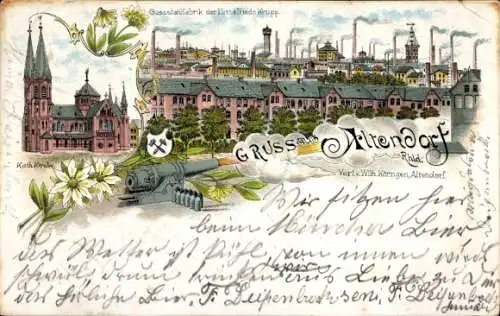 Litho Altendorf Essen Ruhrgebiet, Kath. Kirche, Gussstahlfabrik der Firma Friedr. Krupp