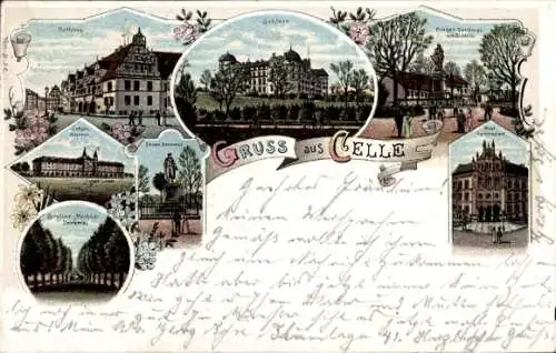 Litho Celle in Niedersachsen, Schloss, Gymnasium, Kriegerdenkmal, Infanteriekaserne, Rathaus
