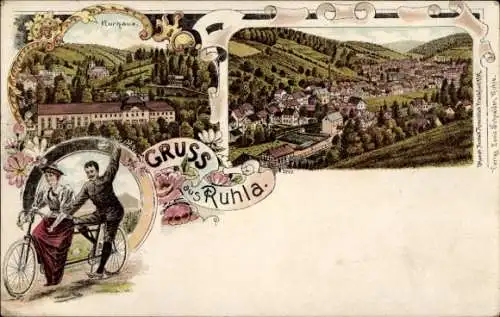 Litho Ruhla in Thüringen, Kurhaus, Panorama, Paar auf einem Tandem