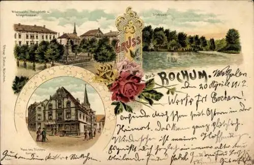 Litho Bochum im Ruhrgebiet, Haus des Dichters Kortum, Wilhelmplatz, Amtsgericht, Kriegerdenkmal
