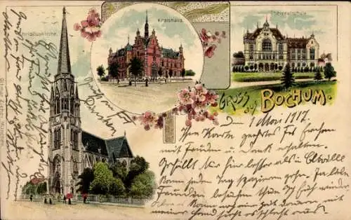 Litho Bochum im Ruhrgebiet, Christuskirche, Kreishaus, Oberrealschule