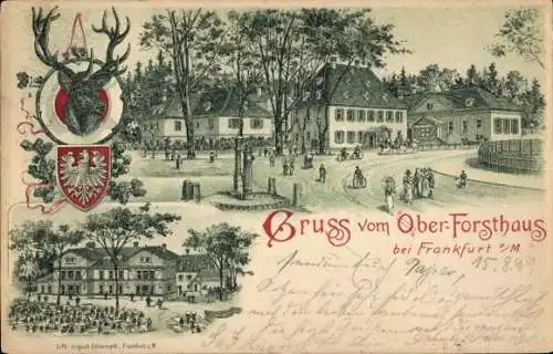 Wappen Litho Frankfurt am Main, Oberforsthaus, Jagdtrophäe, Straßenpartie