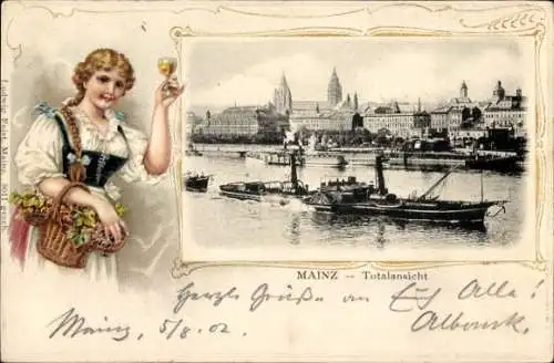 Präge Passepartout Ak Mainz am Rhein, Gesamtansicht, Dampfer, Frau in Tracht