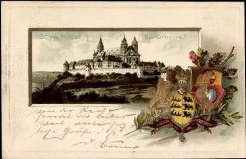 Präge Wappen Passepartout Litho Schwäbisch Hall, Comburg