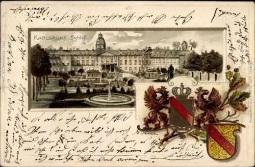 Präge Wappen Passepartout Litho Karlsruhe in Baden, Schloss