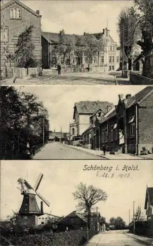 Ak Schönberg in Holstein, Straßenpartien, Windmühle