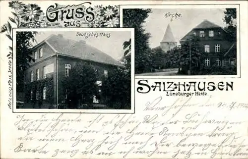 Ak Salzhausen in der Lüneburger Heide, Deutsches Haus, Kirche,  Lüneburger Heide, Gruss aus