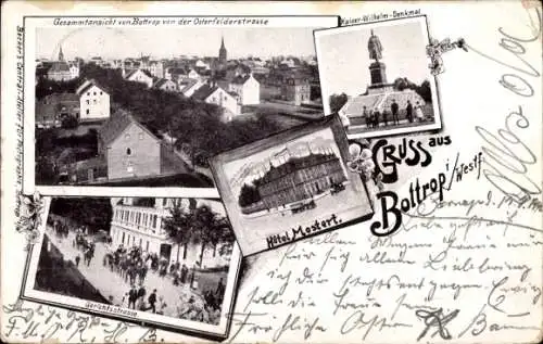 Ak Bottrop im Ruhrgebiet, Gesammtansicht von  Kaiser Wilhelm-Denkmal, Hotel Mostert, Gerichtsstra