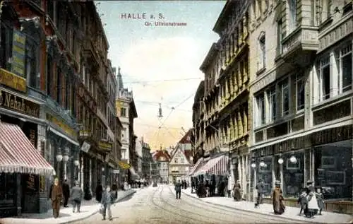 Ak Halle an der Saale, Stadtansicht, Gr. Ullrichstraße,  Gebäude, Passanten, Linoleumboden